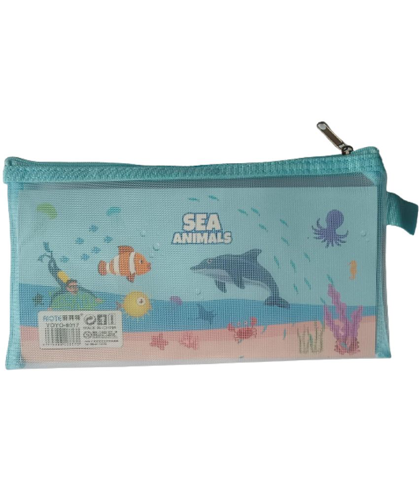     			2621 FF-FLIPCLIPS BLUE SEA ANIMAL THEME Mesh Pen Pencil Pouch WITH STATIONERY ( 2 PENCIL ,1 SCALE ,1 DAIRY, 1 SHARPNER & 1 ERASER ) for Girls & Boys
