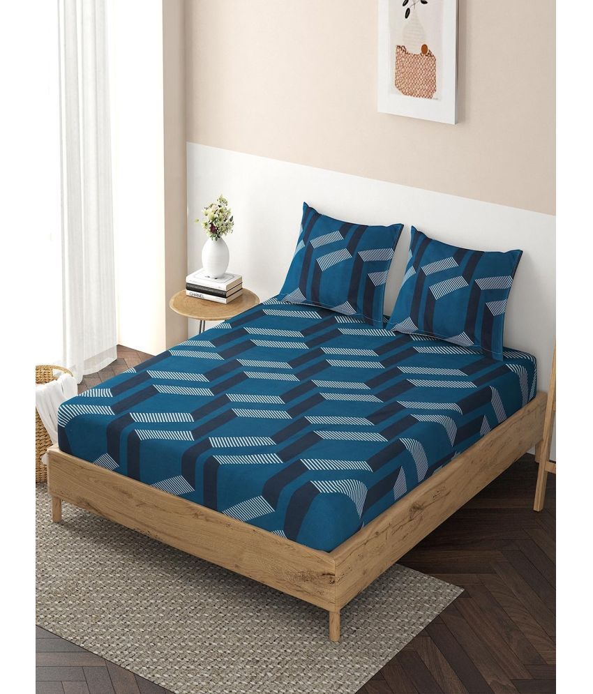     			HOKIPO Microfibre Abstract Fitted Fitted bedsheet with 2 Pillow Covers ( Double Bed ) - Blue