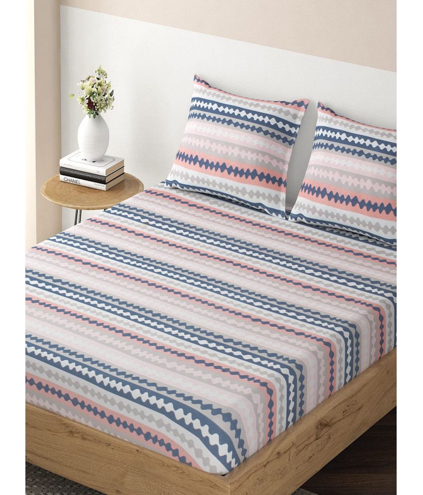     			HOKIPO Microfibre Horizontal Striped Fitted Fitted bedsheet with 2 Pillow Covers ( Single Bed ) - Blue