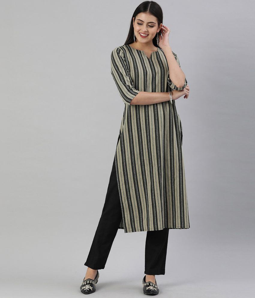     			Hritika Cotton Blend Striped Straight Women's Kurti - Beige ( Pack of 1 )