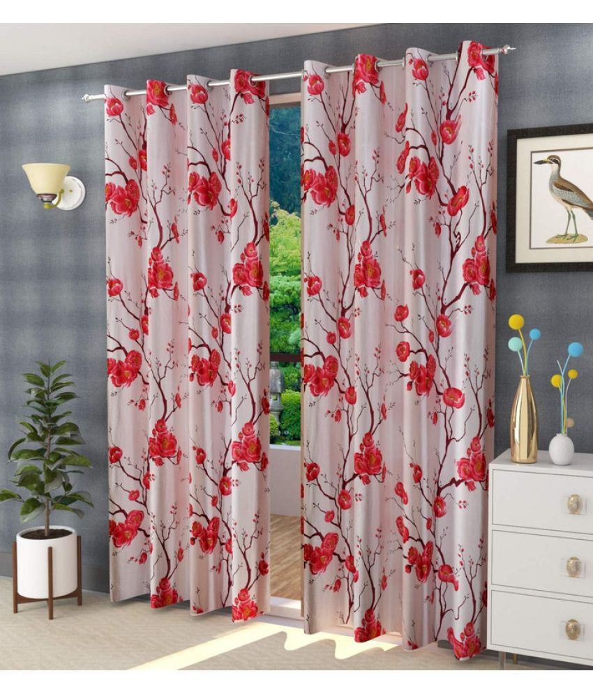     			Kraftiq Homes Floral Semi-Transparent Eyelet Curtain 5 ft ( Pack of 2 ) - Red