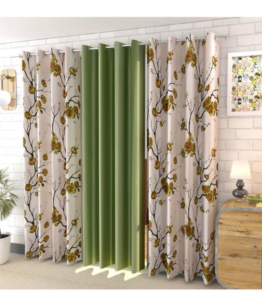     			Kraftiq Homes Floral Semi-Transparent Eyelet Curtain 5 ft ( Pack of 3 ) - Green