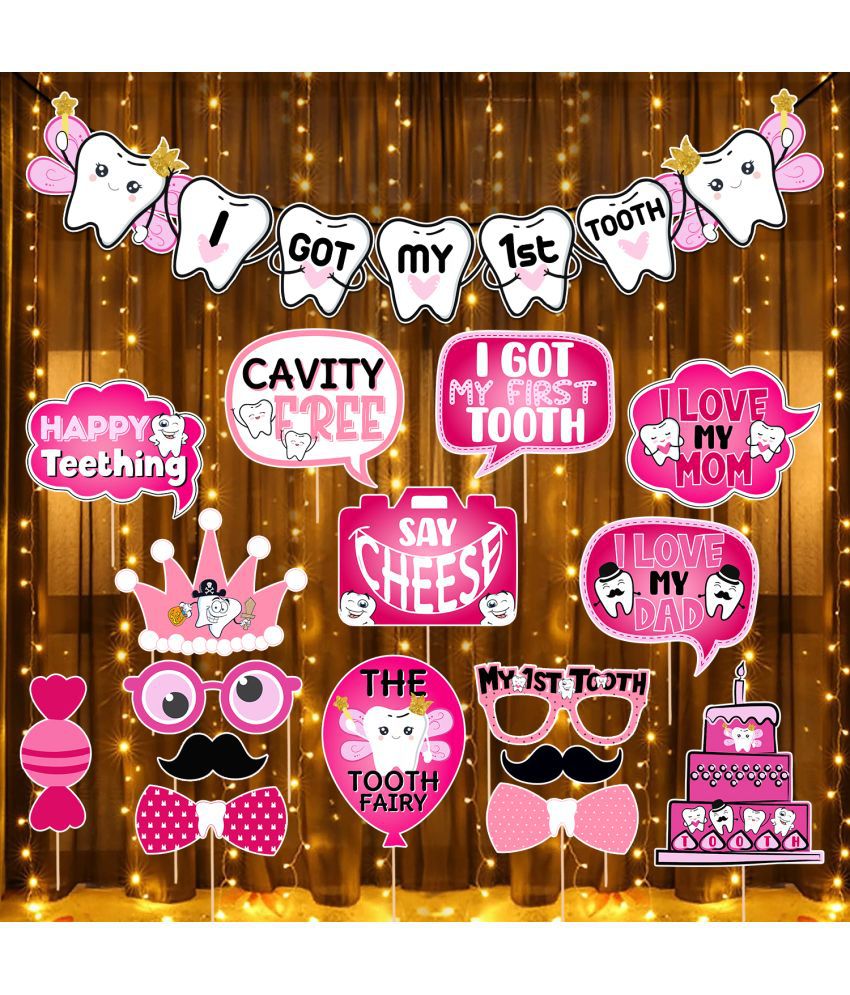     			Zyozi First Tooth Decoration Items | First Tooth Decoration Combo - I Got My First Tooth Banner, Photo Booth Props & Rice Light (Pack Of 18)