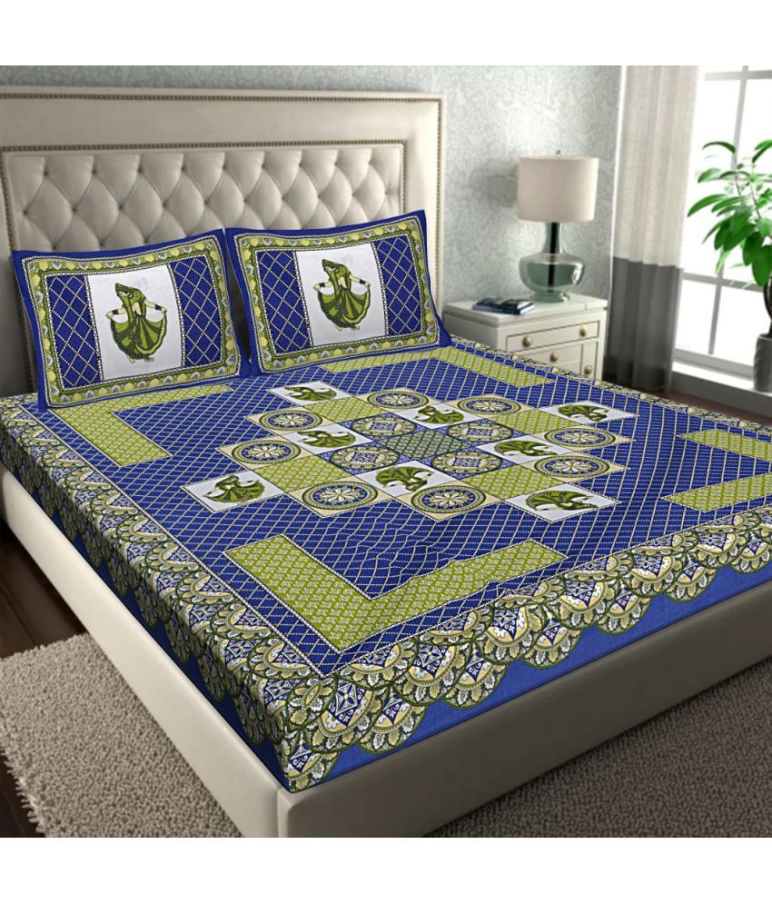     			FrionKandy Living Cotton Floral Printed Double Bedsheet with 2 Pillow Covers - Blue