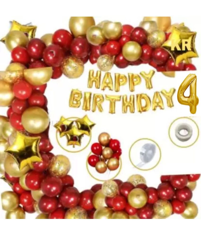     			KR 4th Happy Birthday Party Decoration with Happy Birthday foil 13 Letters (Gold) + HD Metallic 10 Inch Gold & Red 50 Pcs Balloons 1Glue 1Arch 4 Number Gold foil 4pc Confetti Balloon 3 Gold Star for Girl Boys Kids Baby  Red Gold Theme (Set of 73)
