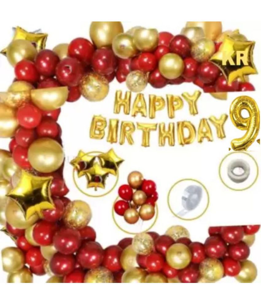     			KR 9th Happy Birthday party Decoration Kit Combo (Pack of 73), Happy Birthday 13 Letters (Gold) + HD Metallic 10 Inch Gold & Red 50 Pcs Balloons 1Glue 1Arch 9 Number Gold foil 4pc Confetti Balloon 3 Gold Star