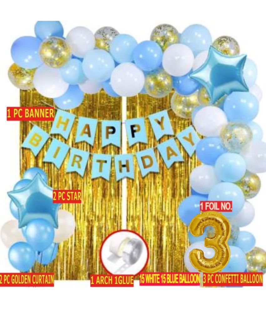     			KR Solid 3rd Happy Birthday Decoration Kit Combo - 41pcs Birthday Banner Golden Foil Curtain Metallic Confetti Balloons With Glue Dot & Arch 3 no. Gold Foil Balloon
