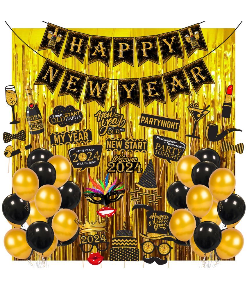     			Zyozi Happy New Year Party Decorations Supplies, 56 pcs New Year Decorations Set - Including Banner, Photo Booth Props, Golden Foil Curtain and Balloons (Set of 56)