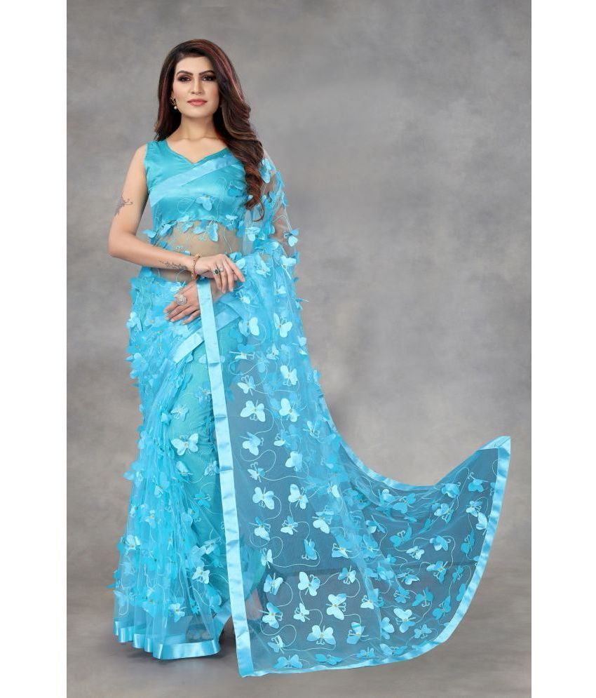     			Aika Net Applique Saree With Blouse Piece - SkyBlue ( Pack of 1 )