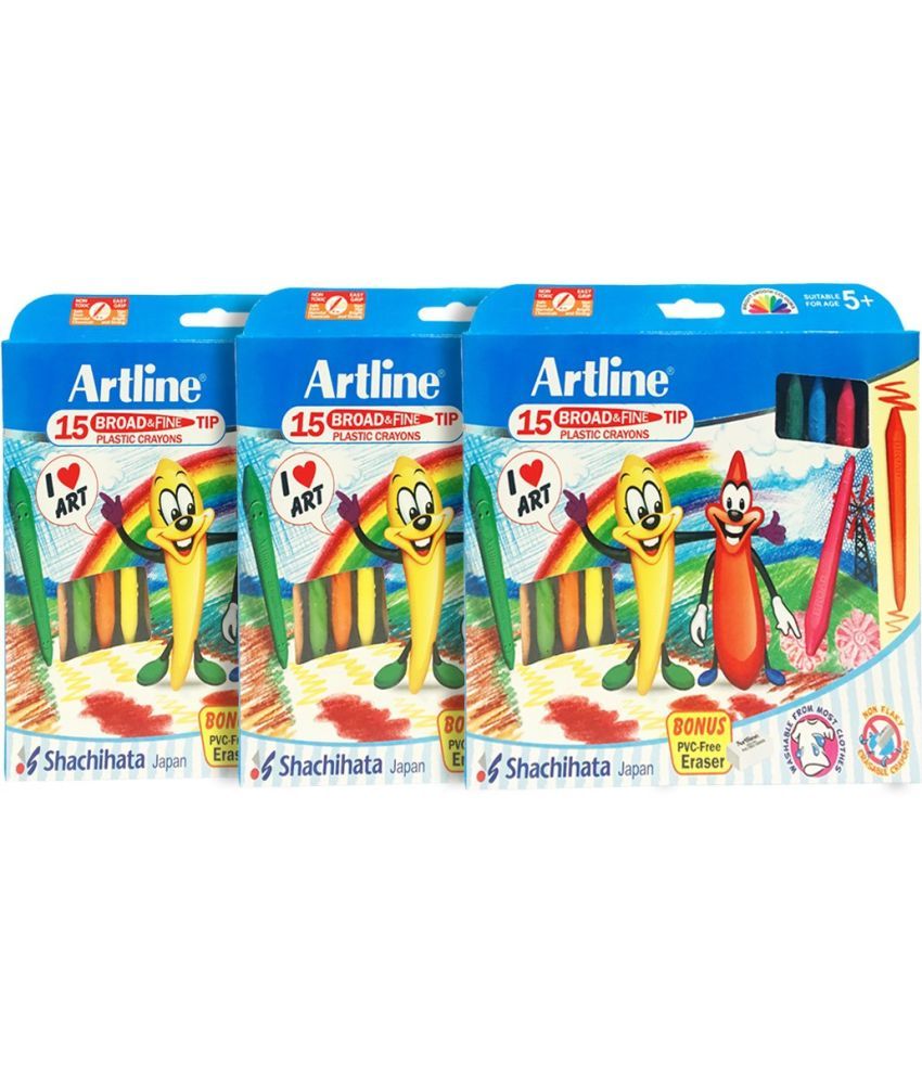     			Artline Broad & Fine Tip NonToxic 15 Shades Plastic Crayons (Set of 3, Multicolor)