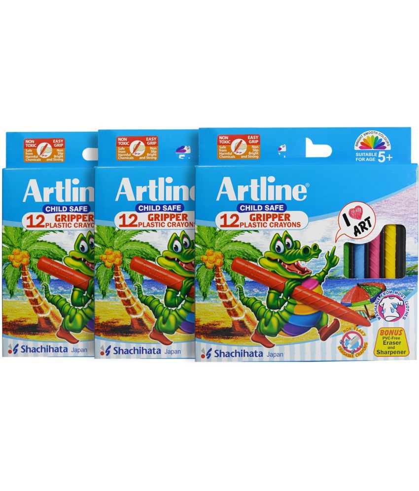 Artline Gripped Non-Toxic 12 Shades Plastic Crayons (Set of 3, Multicolor)