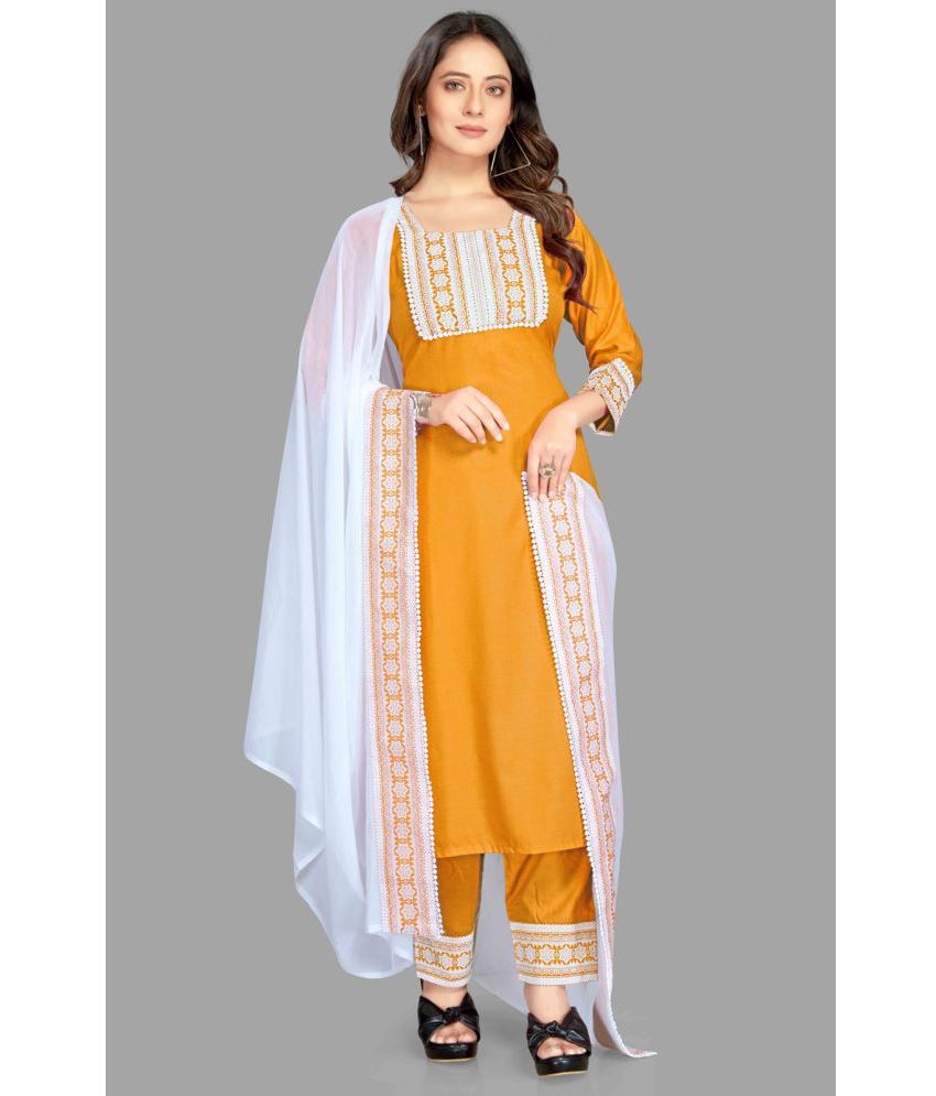     			Style Samsara Cotton Blend Printed Kurti With Pants Women's Stitched Salwar Suit - Mustard ( Pack of 1 )