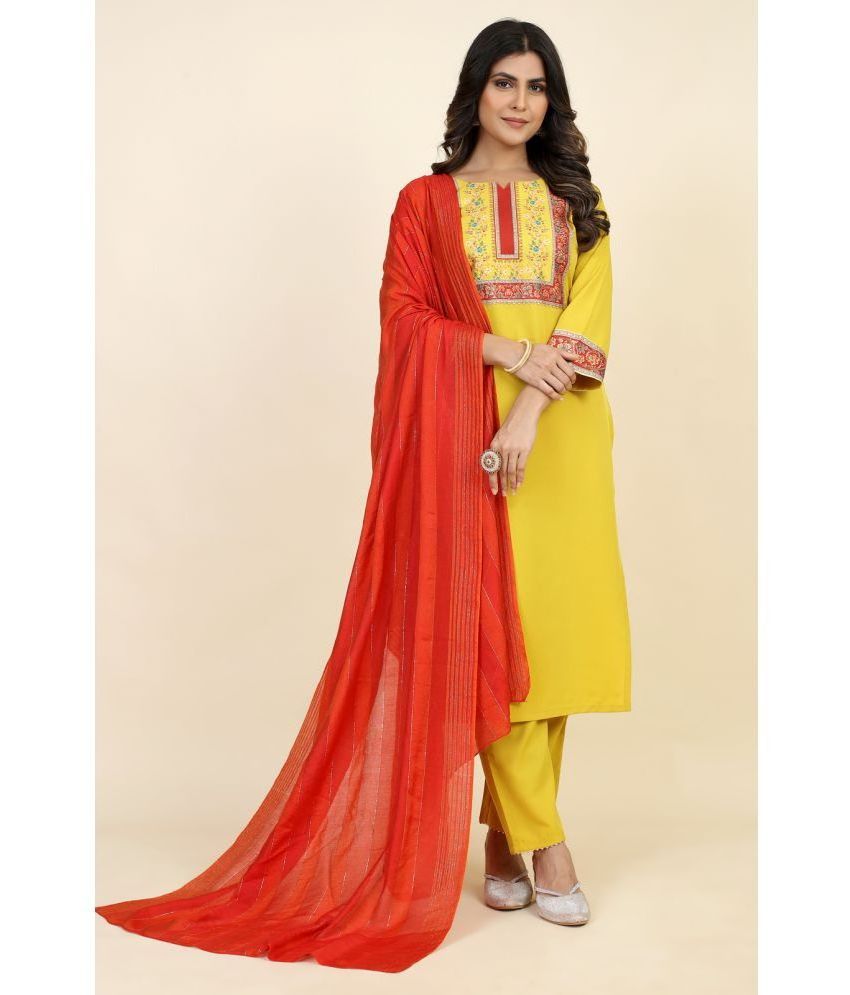     			Style Samsara Crepe Embroidered Kurti With Pants Women's Stitched Salwar Suit - Yellow ( Pack of 1 )