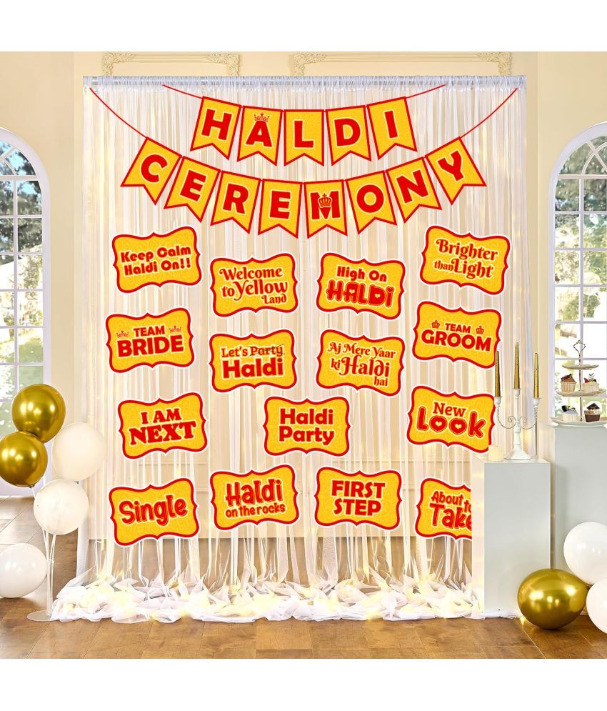     			Zyozi Haldi Ceremony Decoration Set | Haldi Decoration Items for Home Bride - Haldi Ceremony Banner, Photo Booth Props & White Net Curtains (Pack Of 18)