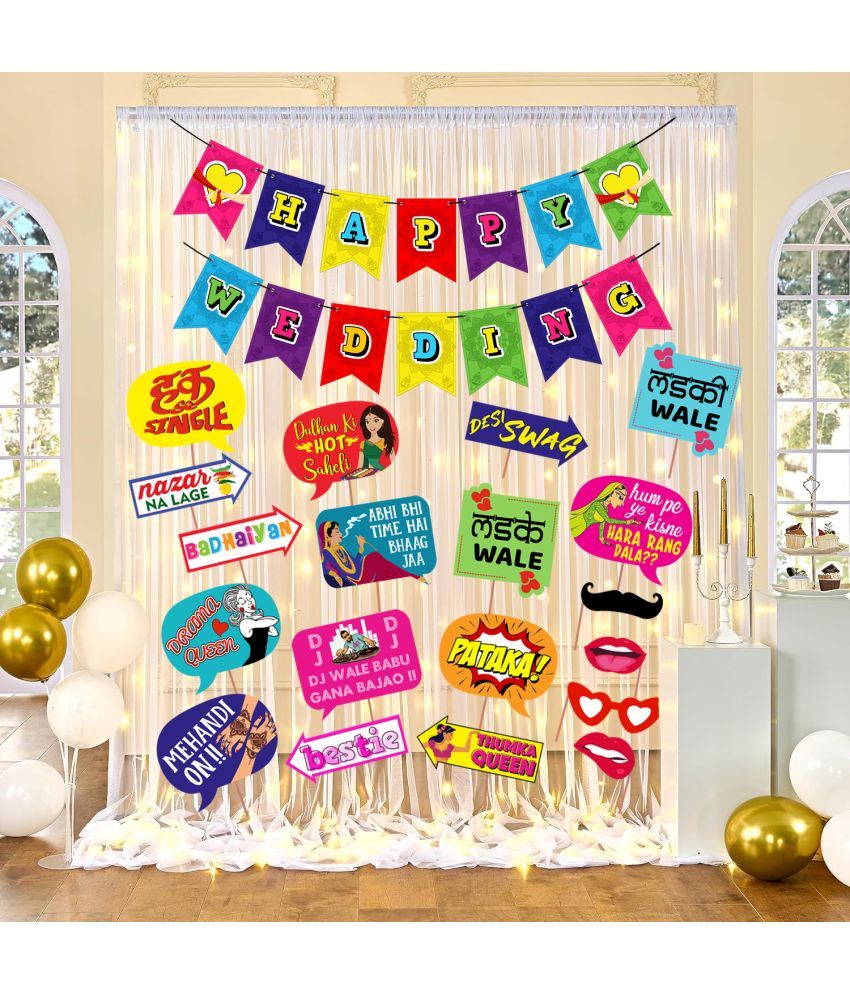     			Zyozi Wedding Decorations Set | Wedding Decorations Kit For Bride & Family - Wedding Banner, Photo Booth Props with Rice Light & Net Curtain (Pack Of 23)