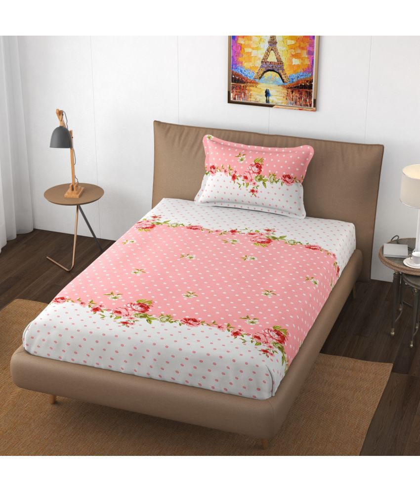     			HIDECOR Microfiber Floral Printed Single Bedsheet with 1 Pillow Cover - Pink
