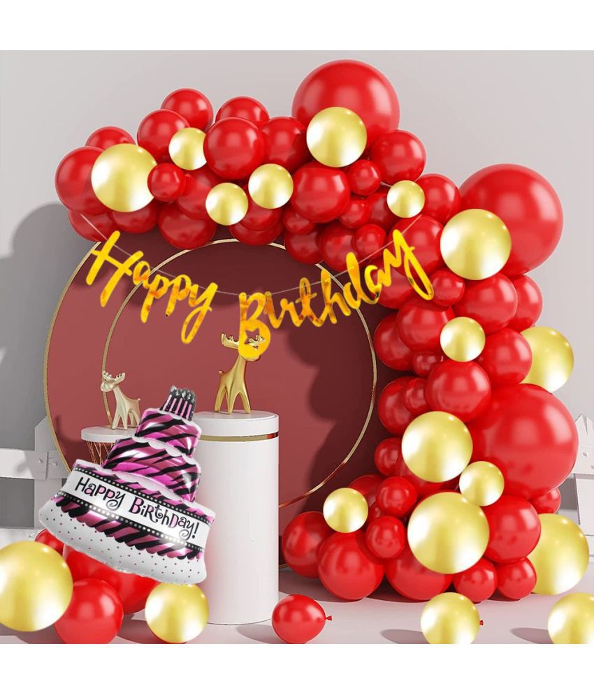     			Happy Birthday Banner Cursive (Golden) + 30 Metallic Balloons(Red, Gold) + 1 Mini Foil Cake (Pink) for Birthday Decoration set, Birthday Kit, Birthday Decoration items, Birthday Balloon, Boy,Girls, Husband, Wife.