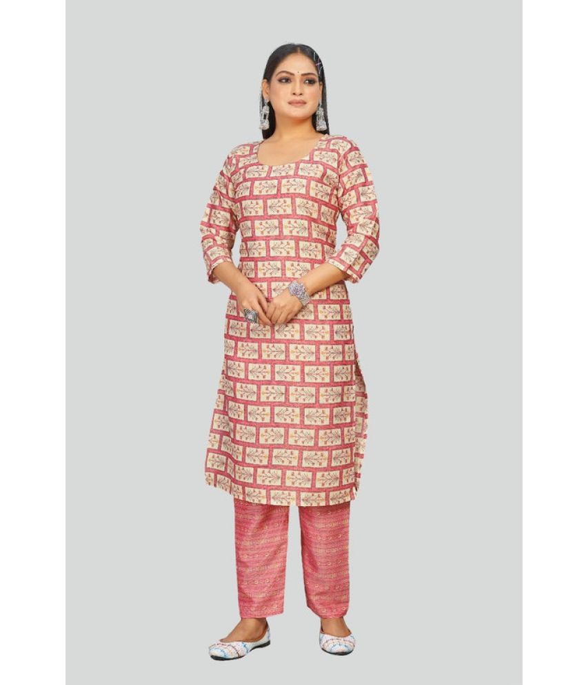     			Sanwariya Silks Cotton Blend Printed Straight Women's Kurti - Pink ( Pack of 1 )