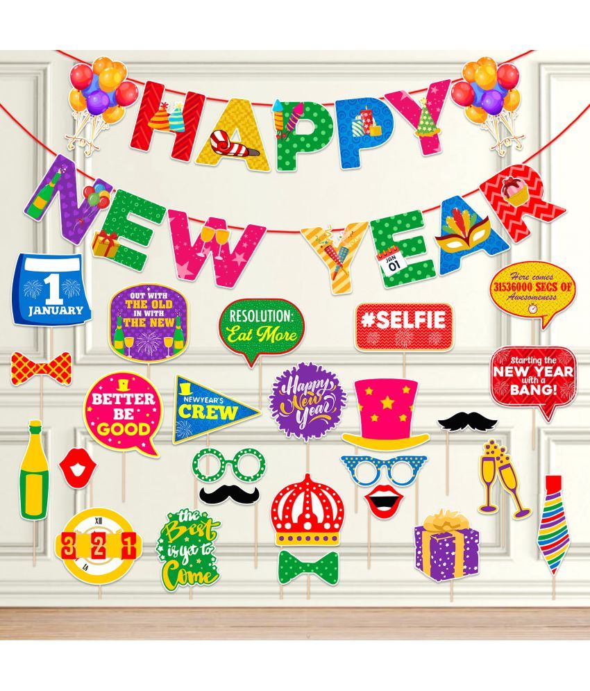     			Zyozi Multicolor Happy New Year Party Decorations | New Year Decorations Set Including Banner & Photo Booth (Pack Of 26)