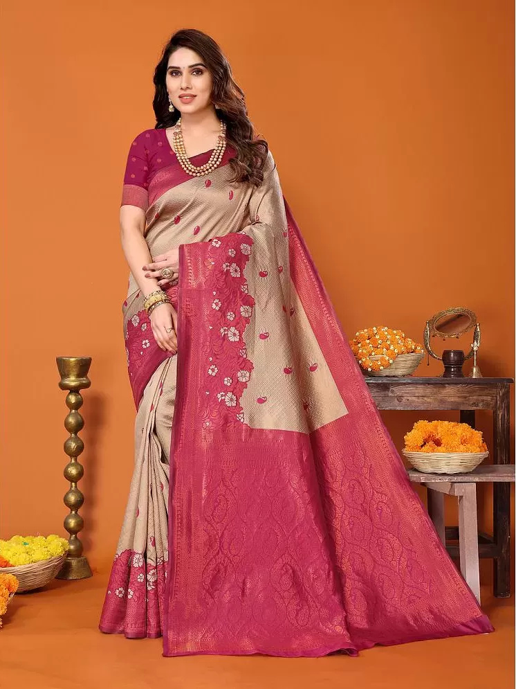 Peach Pink Kanjivaram Silk Saree With Floral Jaal Weaving | Singhania's