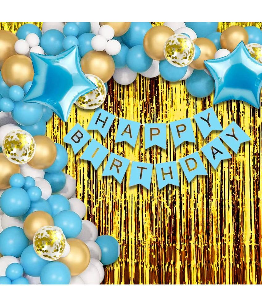     			Urban Classic Blue Gold White Happy Birthday Decoration pack of 57 pcs -45Pcs(Blue, White, Gold) Balloons,5 Gold foil balloons, 2pcs Gold Curtains, 2pcs Blue star foil balloons, 1 Pc Blue Happy Birthday Banner, Glue Dot, Arch Strip.