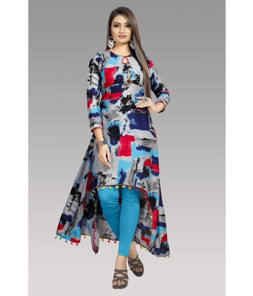     			silky style Rayon Printed Asymmetrical Women's Kurti - Multicolor ( Pack of 1 )