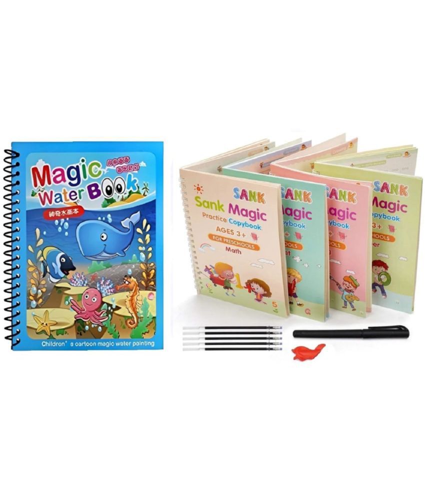     			( Pack Of 2 ) Sank Magic Practice Copybook, (4 Books + 1 Pen + 10 Refill ) & Magic Water Quick Dry Book Water Coloring Book Doodle with Magic Pen Painting Board By Vinay Book Store