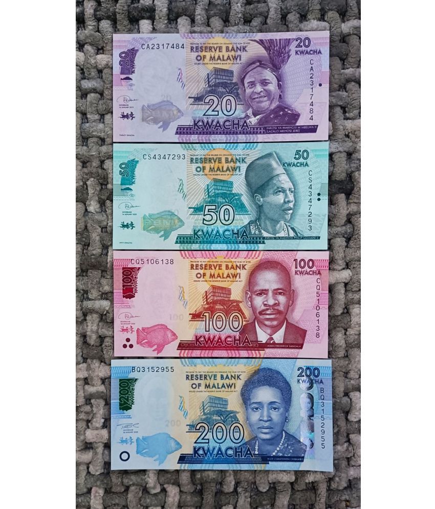     			MALAWI FOUR NOTE SET OF 20,50,100,200 KWACHA IN TOP UNC GRADE