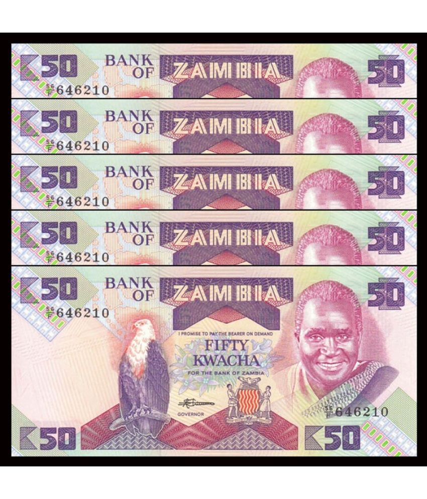     			Zambia 50 Kwacha Consecutive Serial 5 Notes in Top Grade Gem UNC