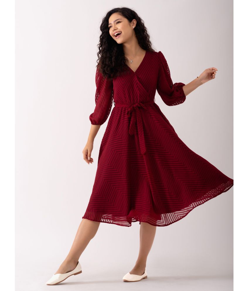    			aask Polyester Blend Embroidered Knee Length Women's Fit & Flare Dress - Maroon ( Pack of 1 )