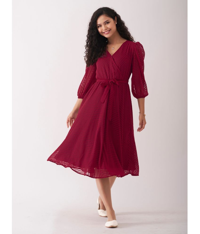     			aask Polyester Blend Embroidered Knee Length Women's Fit & Flare Dress - Maroon ( Pack of 1 )