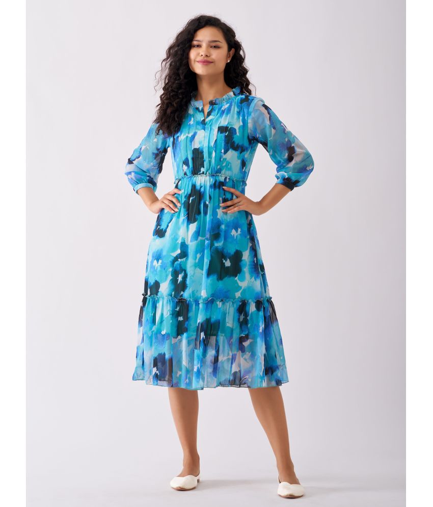     			aask Polyester Blend Printed Knee Length Women's Fit & Flare Dress - Blue ( Pack of 1 )