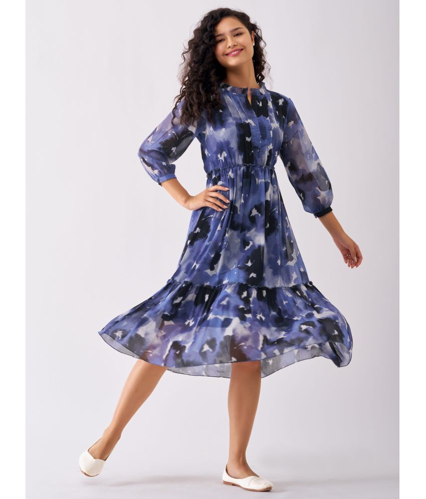     			aask Polyester Blend Printed Knee Length Women's Fit & Flare Dress - Navy Blue ( Pack of 1 )