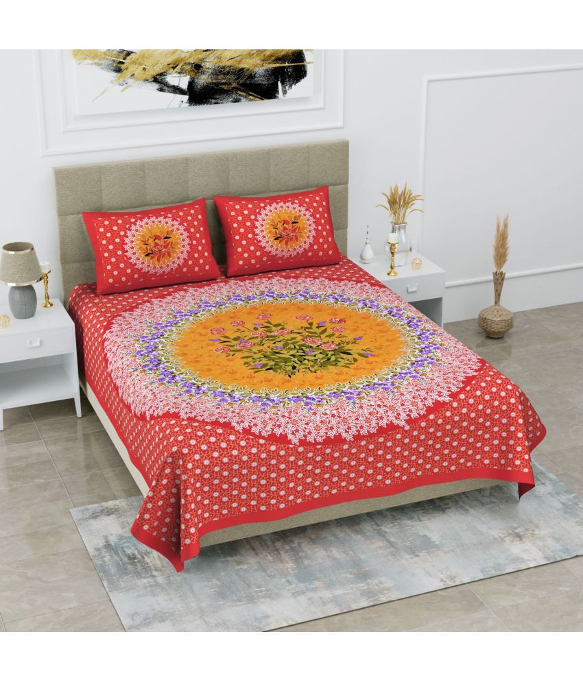     			Uniqchoice Cotton Floral Double Bedsheet with 2 Pillow Covers - Orange