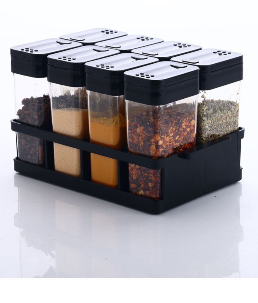     			HOMETALES Spice/Condiment/Masala Kitchen Container Set Plastic Black ( Set of 8 ) with Tray