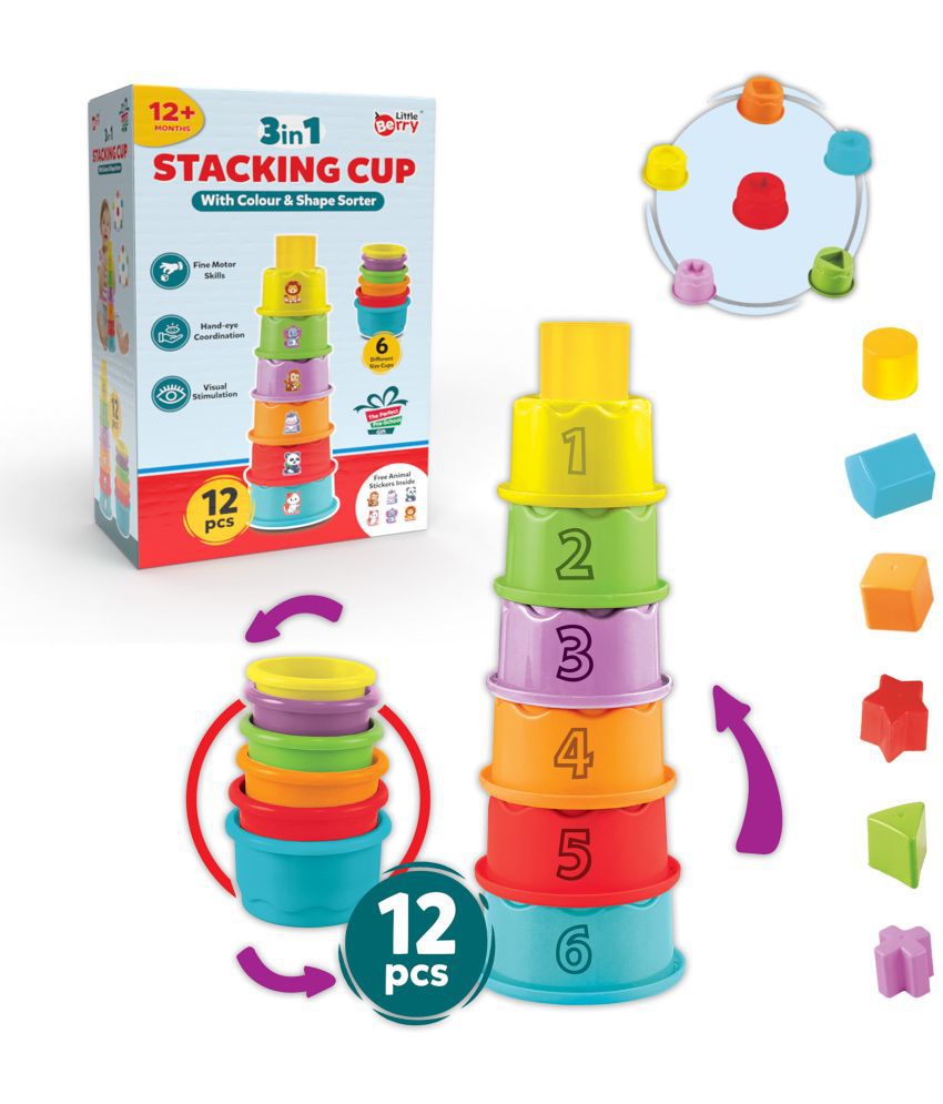     			Little Berry 3-in-1 Stacking Cup Set for Kids with Shape & Colour Sorter - Baby & Toddler Activity Toy (Multicolour)