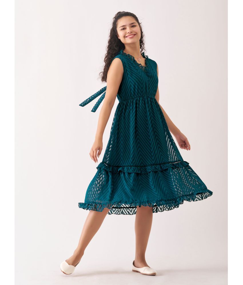     			aask Polyester Blend Embroidered Knee Length Women's Fit & Flare Dress - Teal ( Pack of 1 )