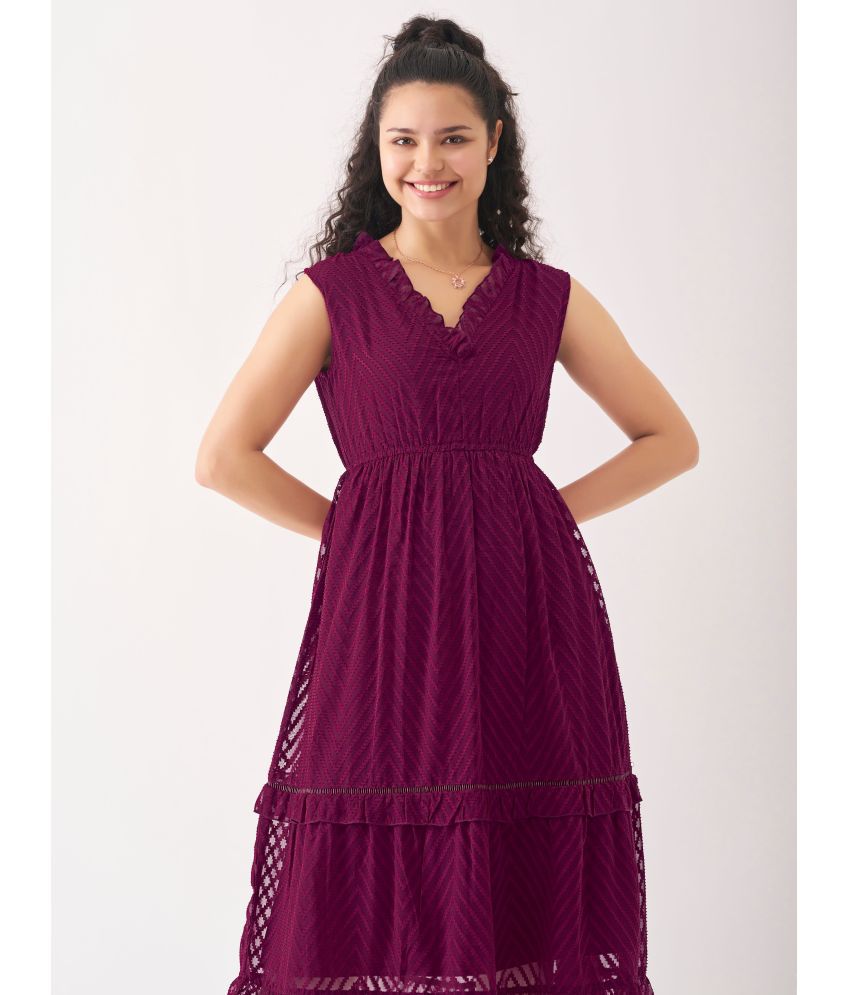     			aask Polyester Blend Embroidered Knee Length Women's Fit & Flare Dress - Purple ( Pack of 1 )