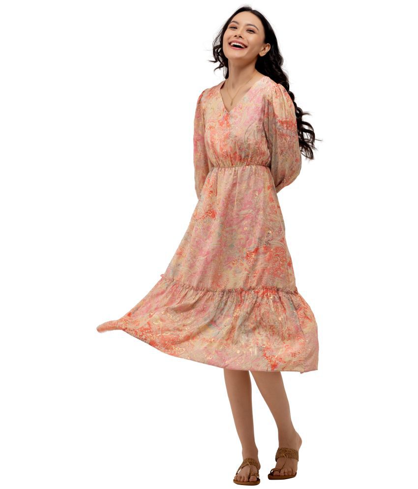     			aask Polyester Blend Printed Knee Length Women's Fit & Flare Dress - Rose Gold ( Pack of 1 )