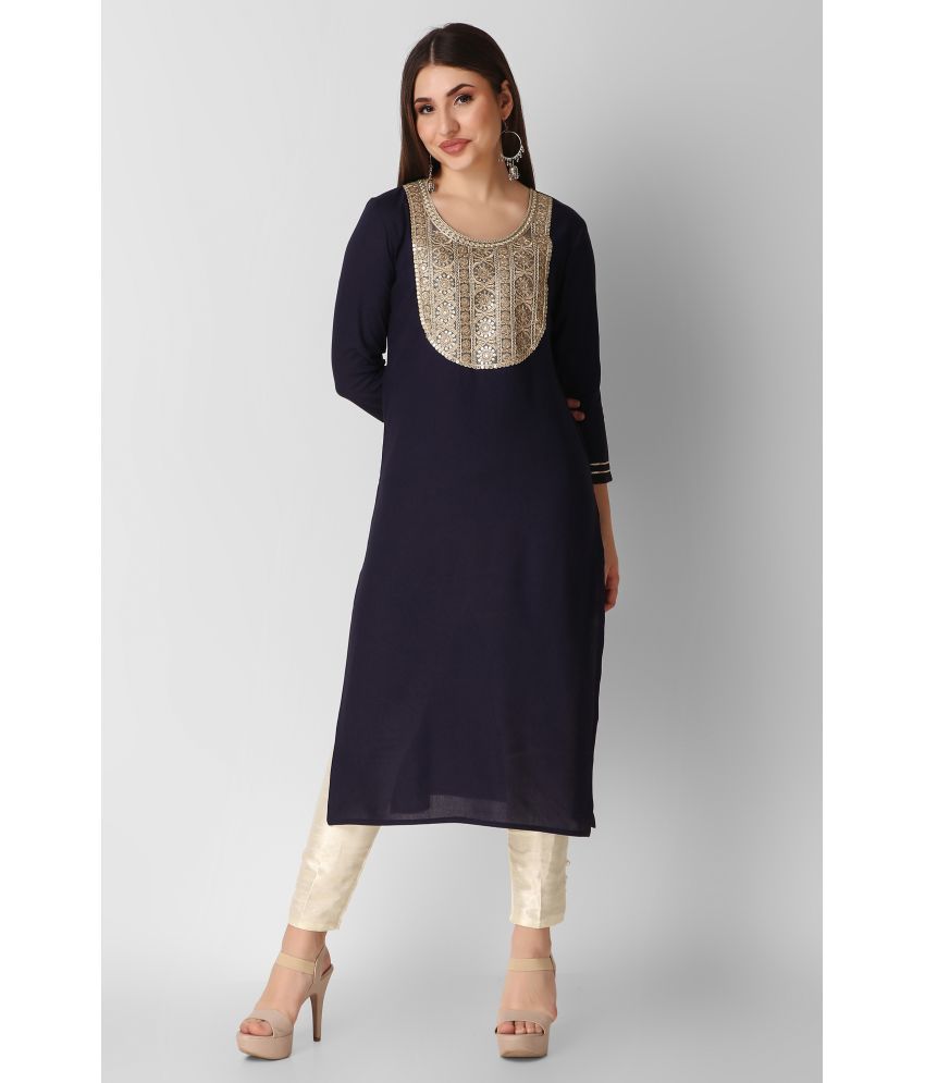     			ravishree Rayon Embellished Straight Women's Kurti - Navy Blue ( Pack of 1 )