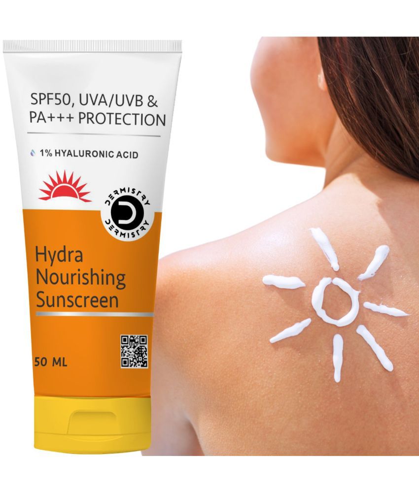    			Dermistry 1% Hyaluronic Acid Hydra Nourishing Hydrating Sunscreen Aqua Glow Gel for Dry Skin & All Skin Types SPF 50 UVA UVB PA+++ Protection Cream Quick Absorbed Lightweight Moisturizer Non Tinted Non Greasy Water Sweat Resistant No White Cast Lotion-50ml