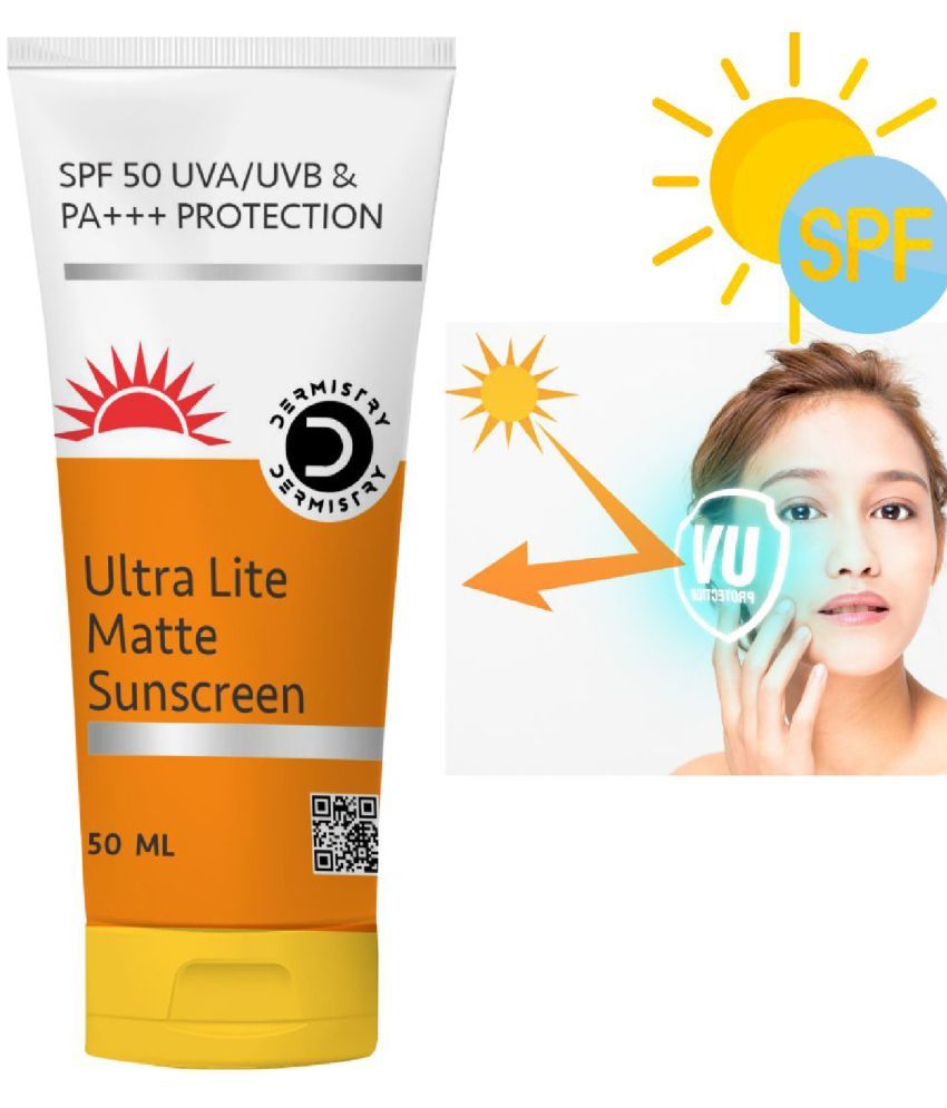     			Dermistry Ultra Lite Matte Water Based Sunscreen Cream for Oily Skin SPF 50 Anti-Pollution UVA UVB PA+++ Daily Broad Spectrum Sun Protection Lightweight Moisturizer Aqua Gel Best Lotion Even Tone for All Day Active Daily Use No White Cast Men & Women-50ml