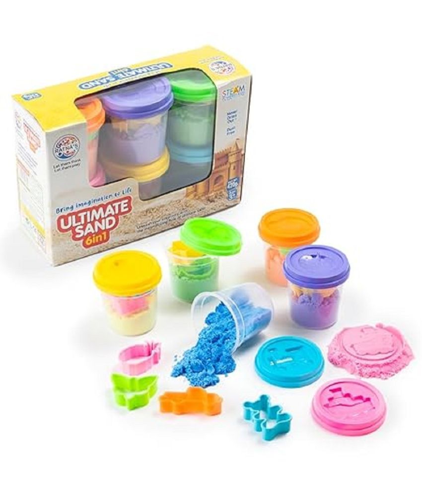     			RATNA'S 6in1 Ultimate Sand Having 6 Tubs of Different Color Sand (70g Each) & 18 Moulds, Smooth, Non Sticky Kinetic Sand Kit Activity Toys for Kids (Assorted Colours)