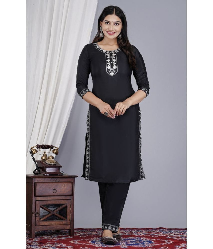     			EXPORTHOUSE Silk Embroidered Kurti With Pants Women's Stitched Salwar Suit - Black ( Pack of 1 )