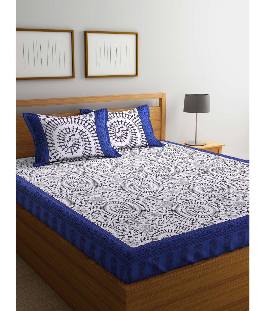     			Uniqchoice Cotton Ethnic Double Bedsheet with 2 Pillow Covers - Blue