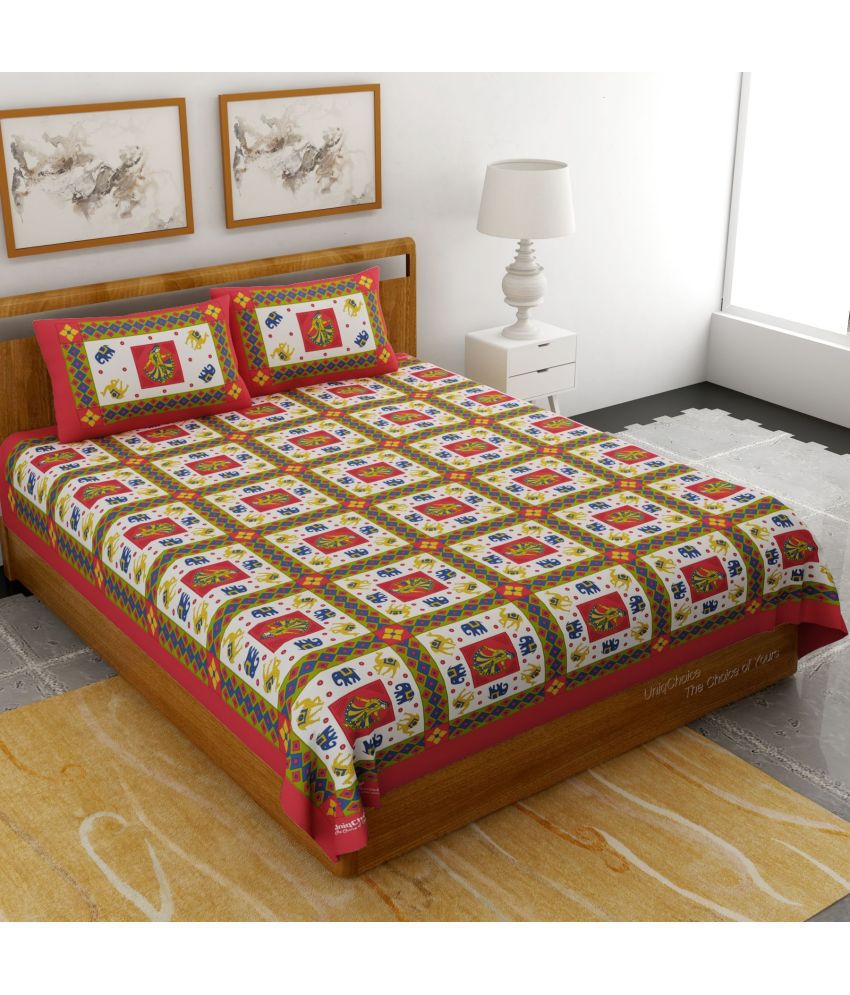     			Uniqchoice Cotton Ethnic Double Bedsheet with 2 Pillow Covers - Red