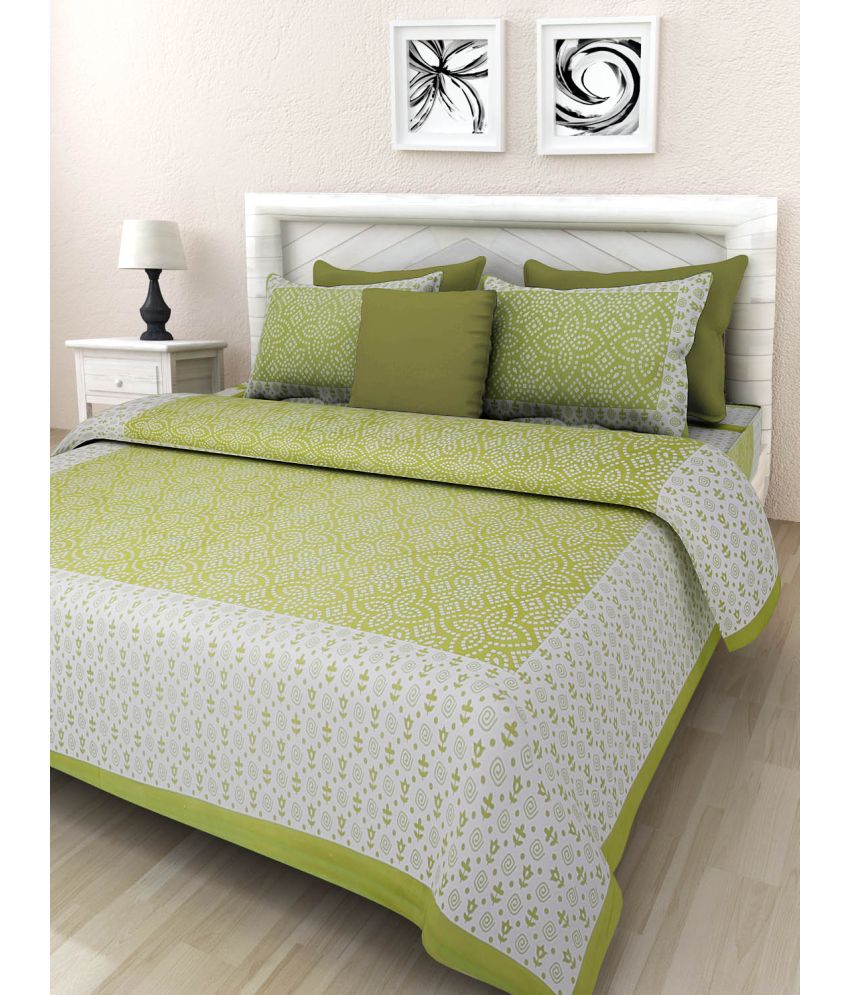     			Uniqchoice Cotton Ethnic Double Bedsheet with 2 Pillow Covers - Green