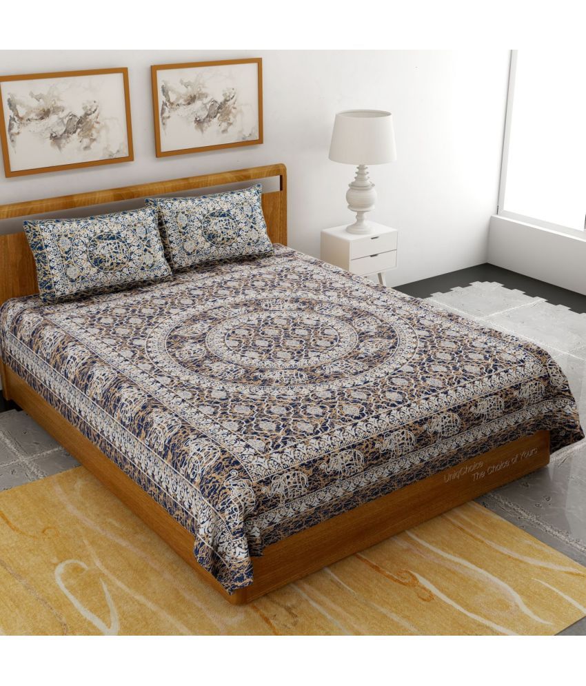     			Uniqchoice Cotton Ethnic Double Bedsheet with 2 Pillow Covers - Blue