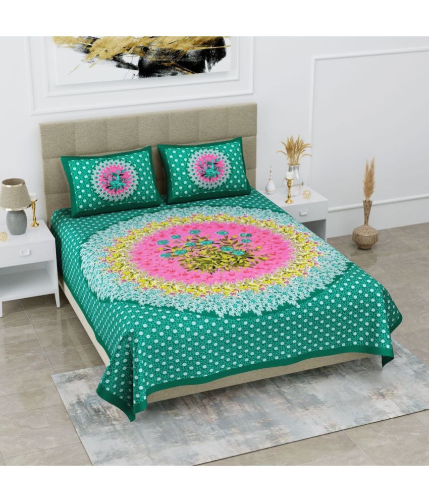     			Uniqchoice Cotton Floral Double Bedsheet with 2 Pillow Covers - Sea Green