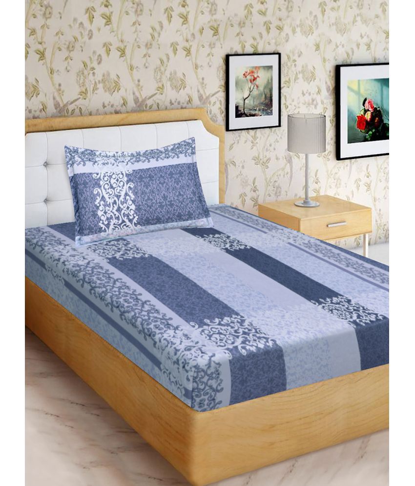     			Home Candy Microfiber Floral Single Bedsheet with 1 Pillow Cover - Blue